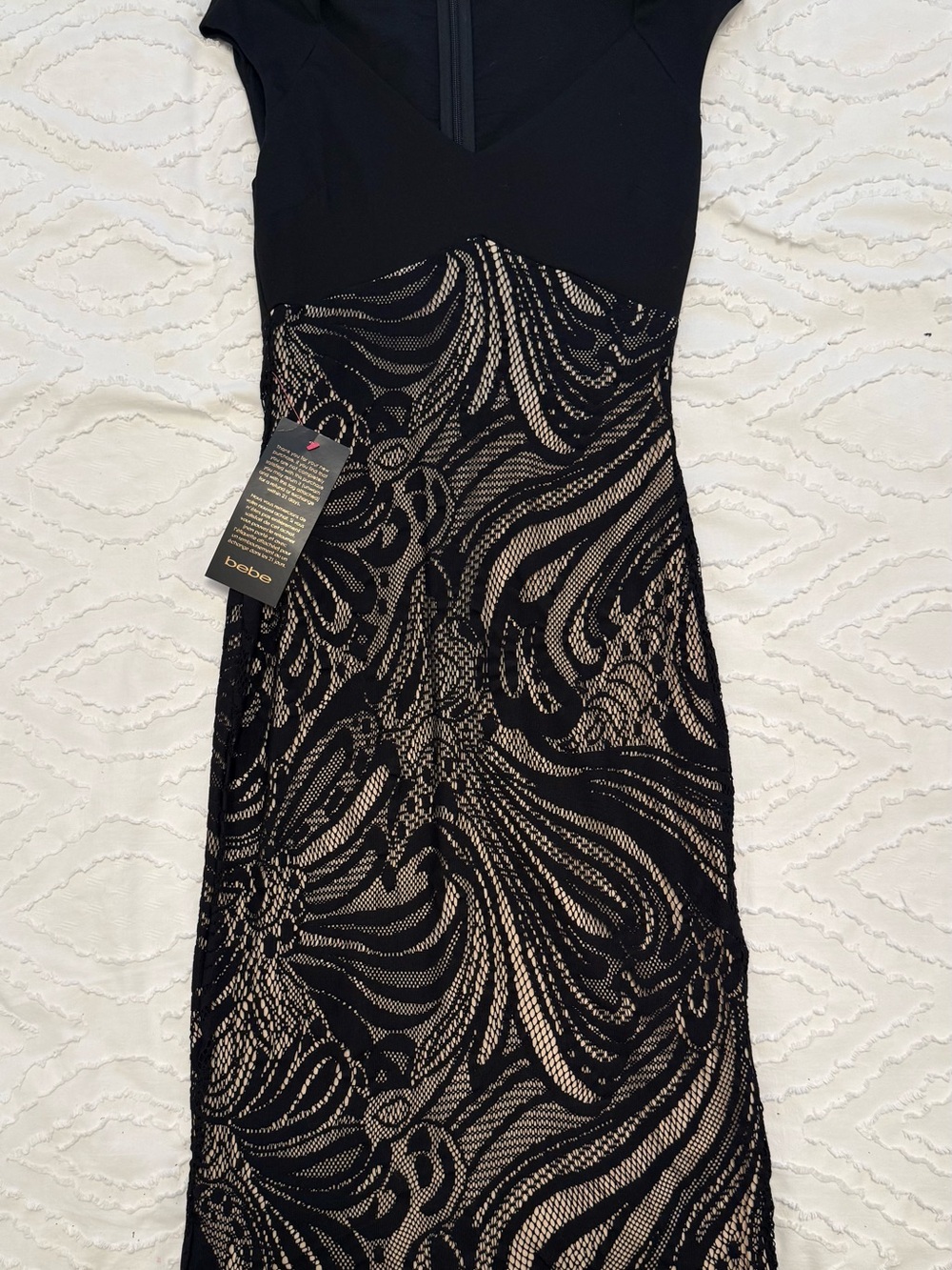 bebe Black & Nude Lace-Overlay Midi Dress